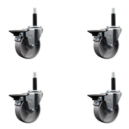 Service Caster 4'' Semi Steel Swivel 3/4'' Expanding Stem Caster Set with Brake, 4PK SCC-EX20S415-SSR-PLB-34-4